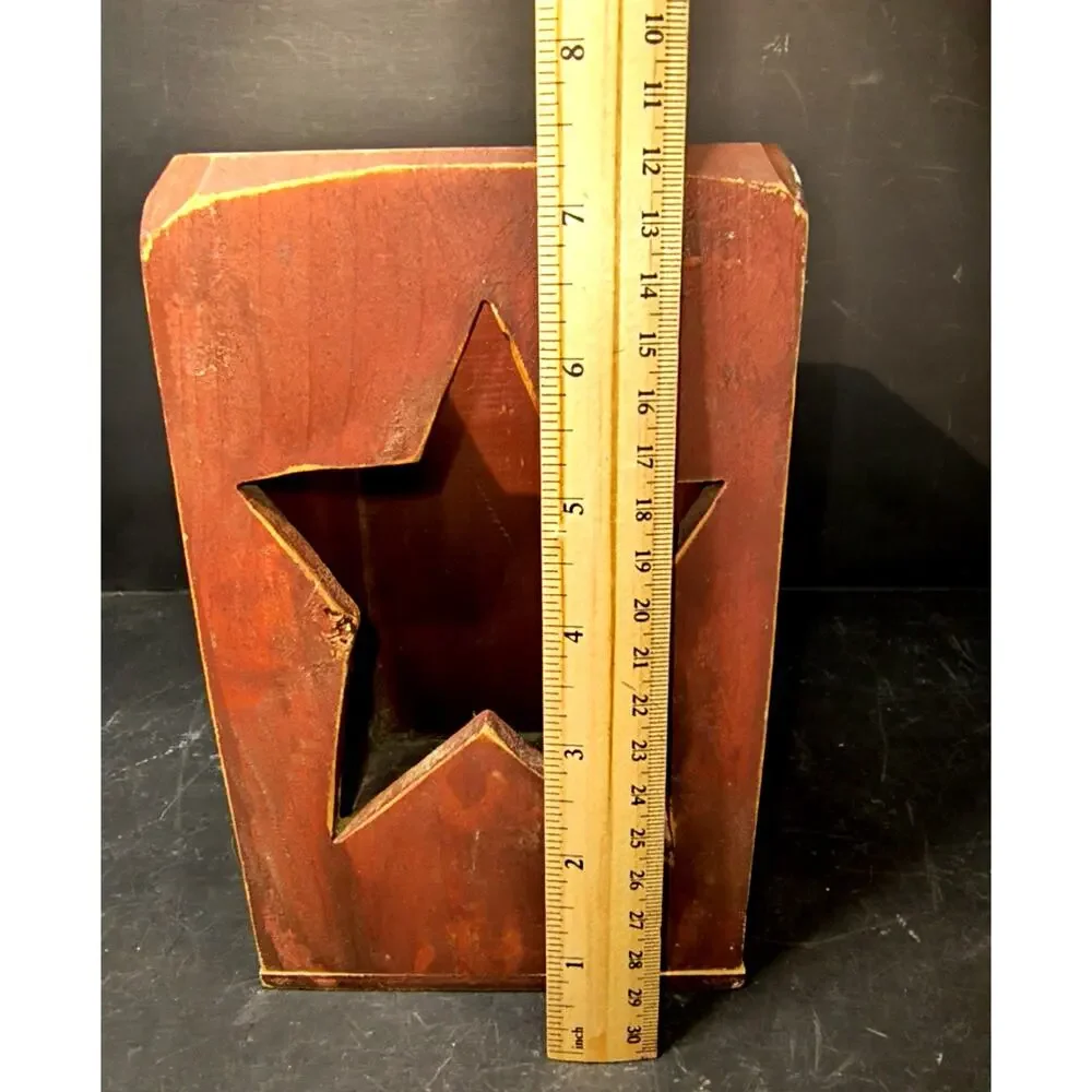 2000.  Rustic Red Wooden Lantern Candle Box Primitive Folk Art Star Cut Out